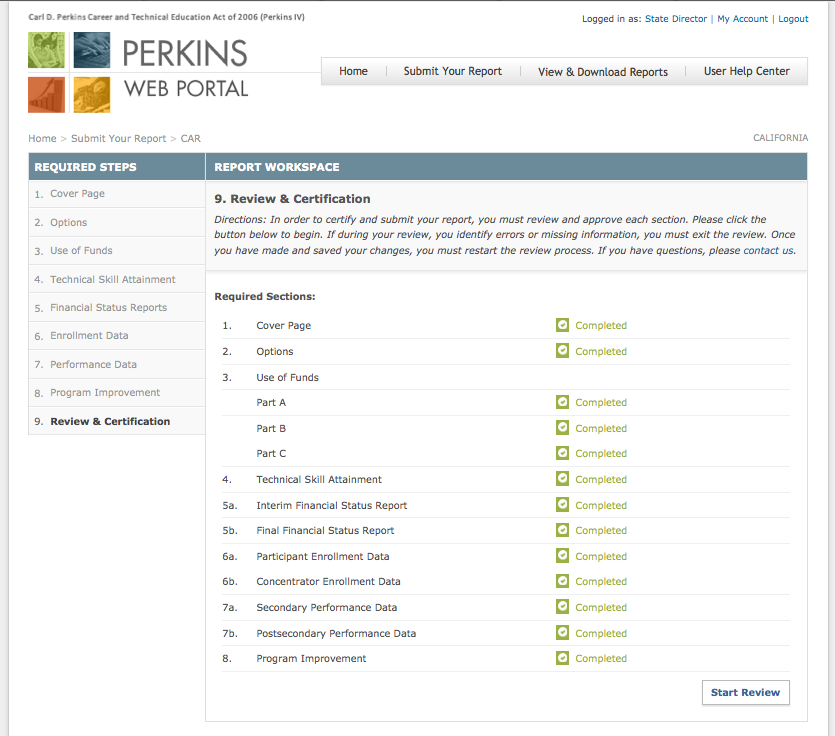 Screenshot of the Review and Certification section