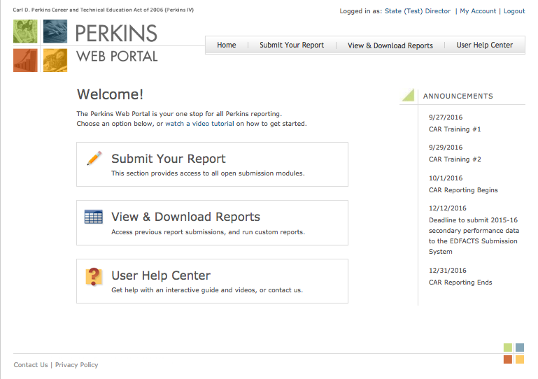 Screenshot of the Perkins Web Portal homepage.