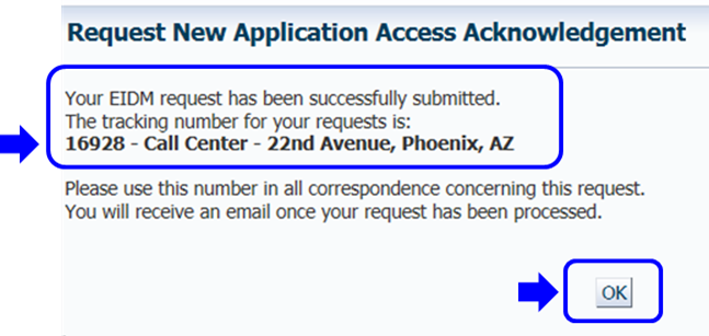 Request New Application Access acknowledgement page