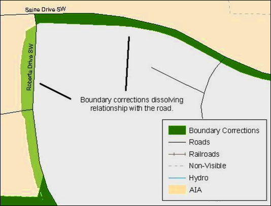 Example 15: Small spatial boundary corrections would dissolve the boundary-to-feature relationship with multiple streets.  