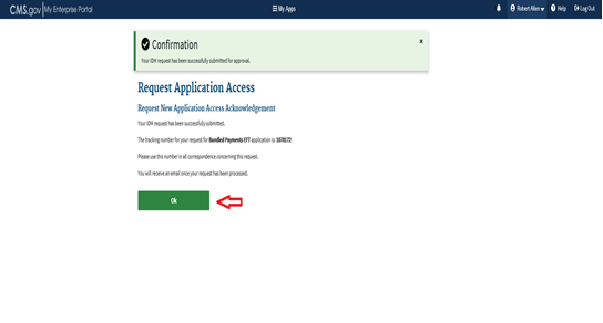Request New Application Access Acknowledgement Page