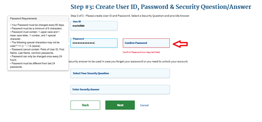 Create User ID, Password and Security Question/Answer Page