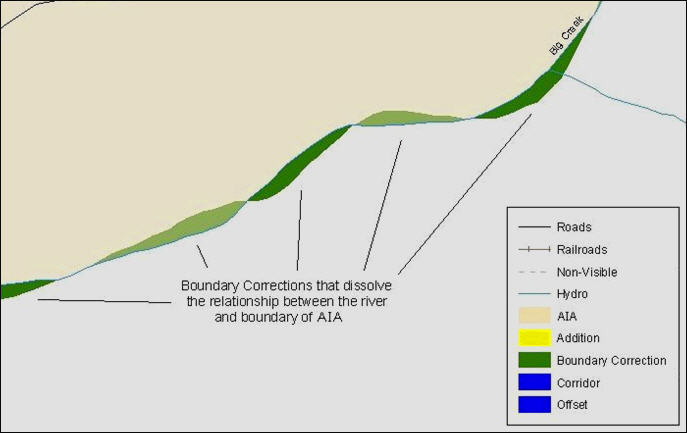 Example 14: Small spatial boundary corrections would dissolve the relationship with the river.  These boundary corrections will not be incorporated into MAF/TIGER.