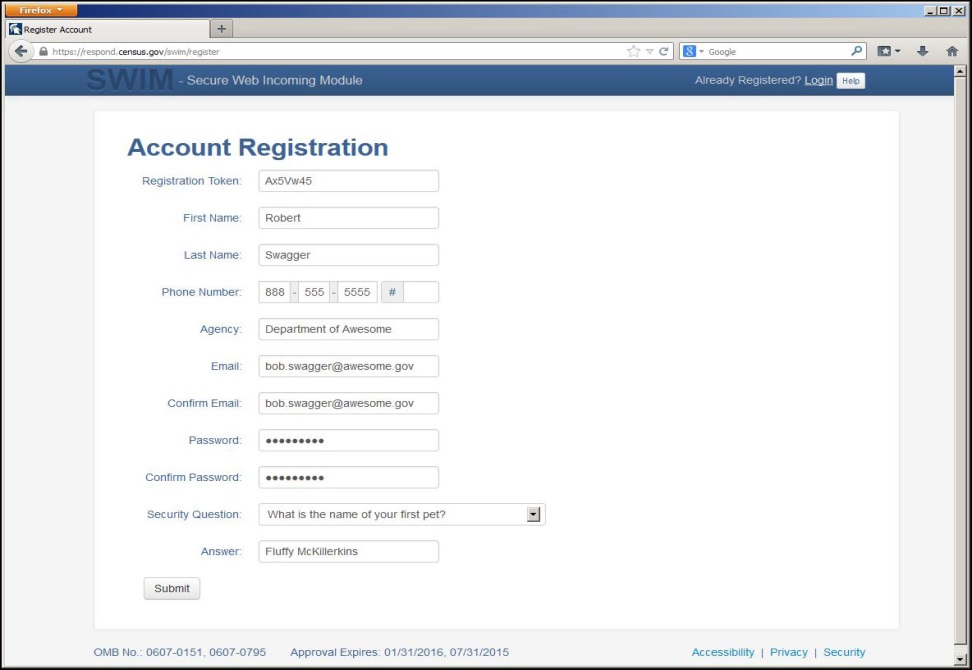 Example 20: SWIM Account Registration scrfeen shot