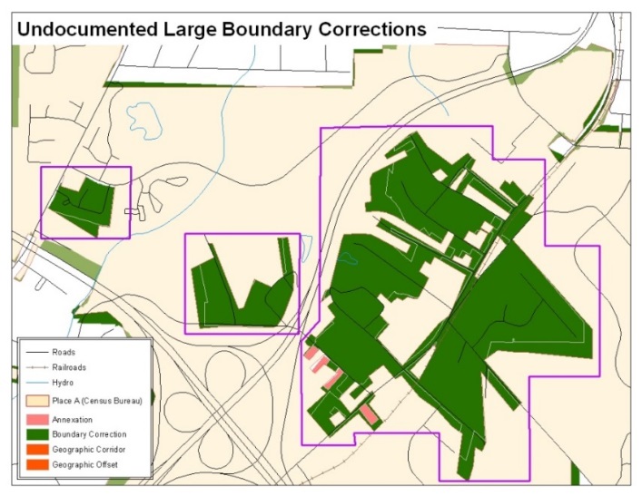 Example 16:  Without the appropriate documentation, the Census Bureau will not accept large boundary corrections.