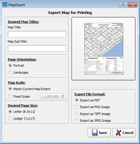 Map export dialog box
