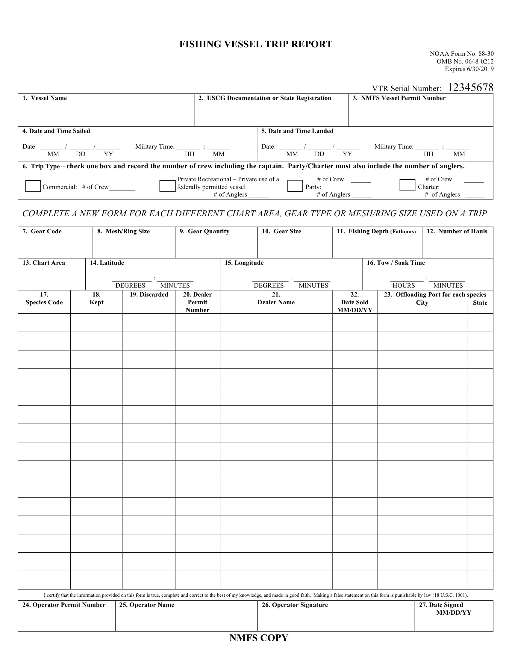Example of Vessel Trip Reporting Form