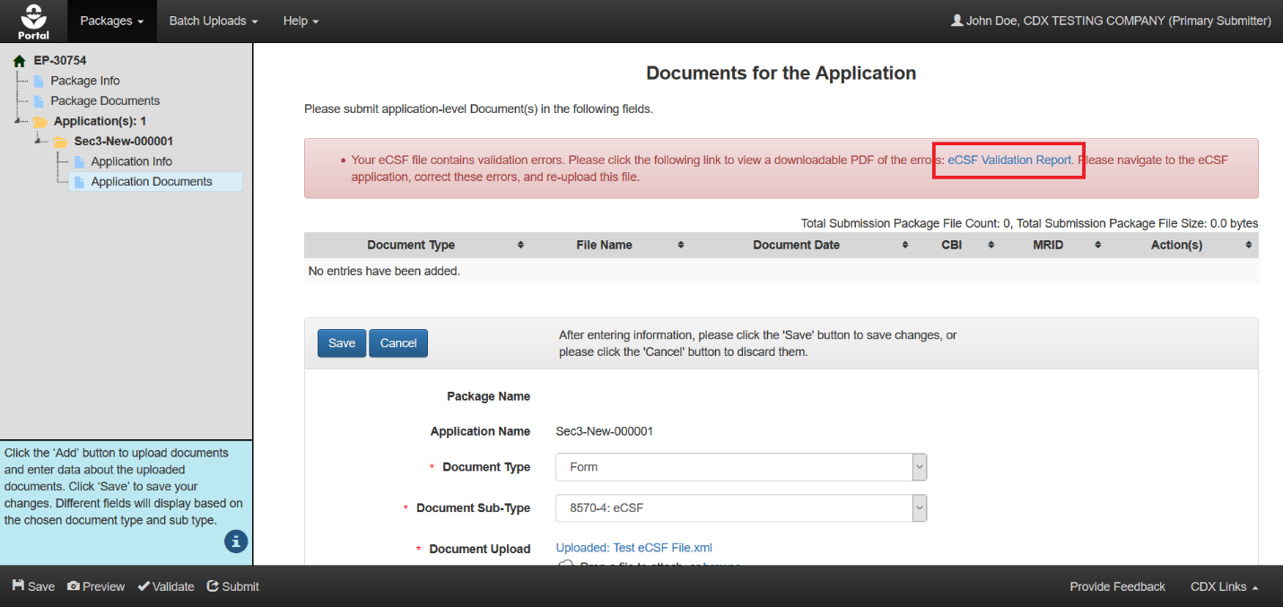 ‘Documents for the Application’ Screen – eCSF File Validation Error