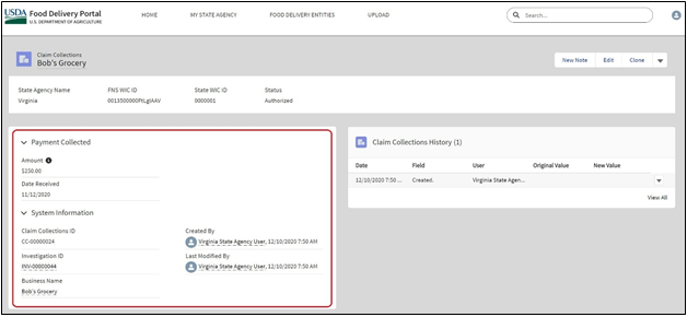 Claim Collection Data Entry Screen