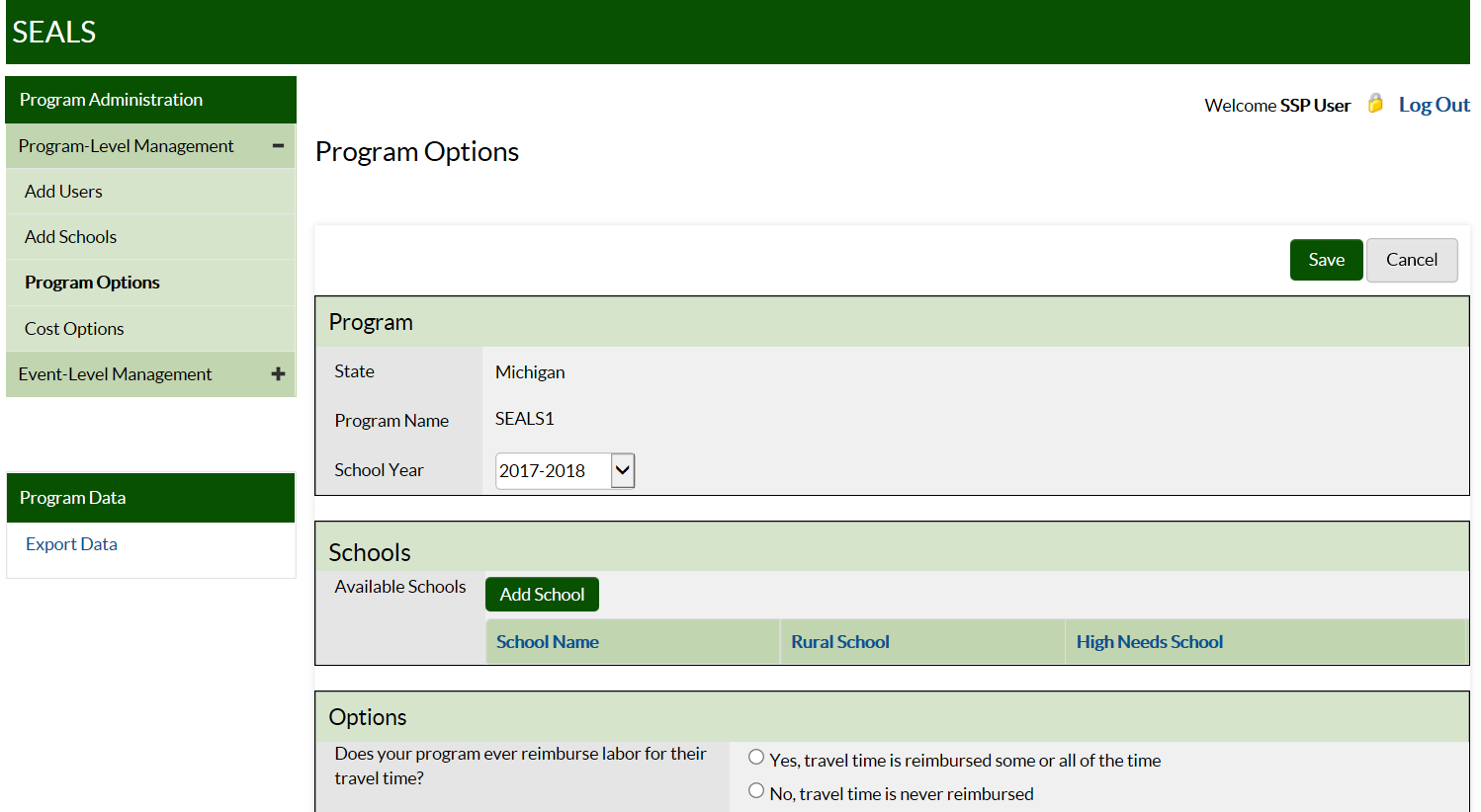 Screenshot of SEALS Program Options page
