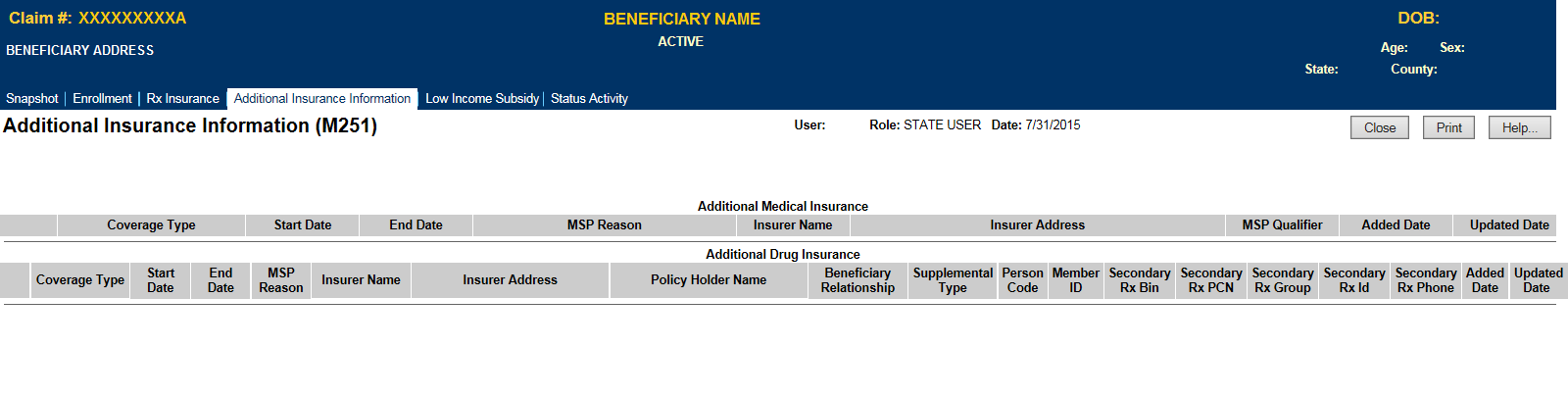 Additional Insurance Information (M251) Screen