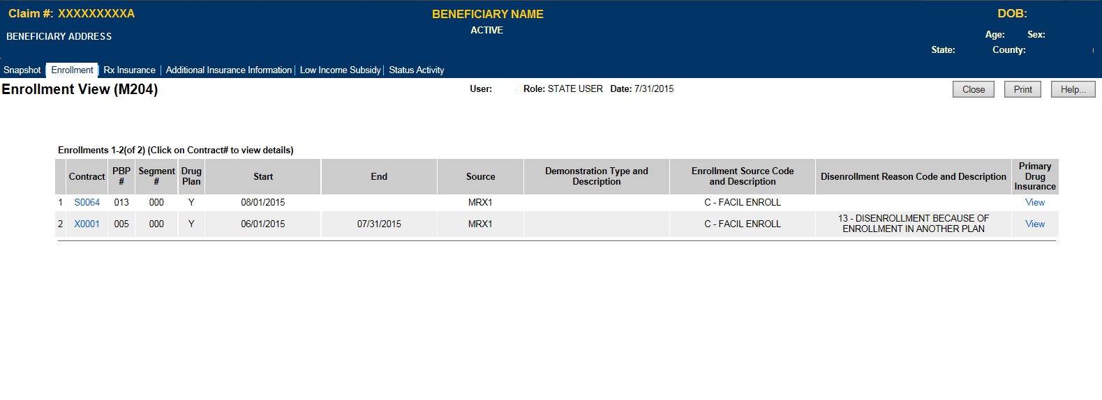 State User Beneficiary Detail: Enrollment (M204) Screen