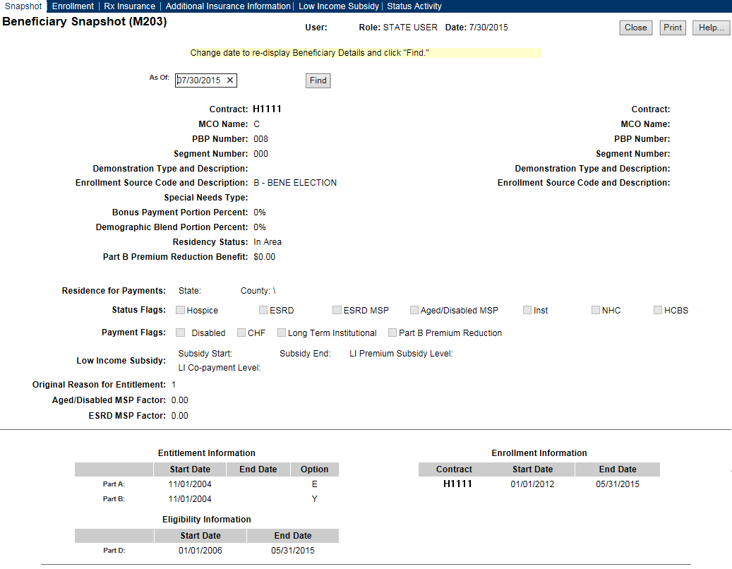 State User Beneficiary Detail: Snapshot (M203) Screen