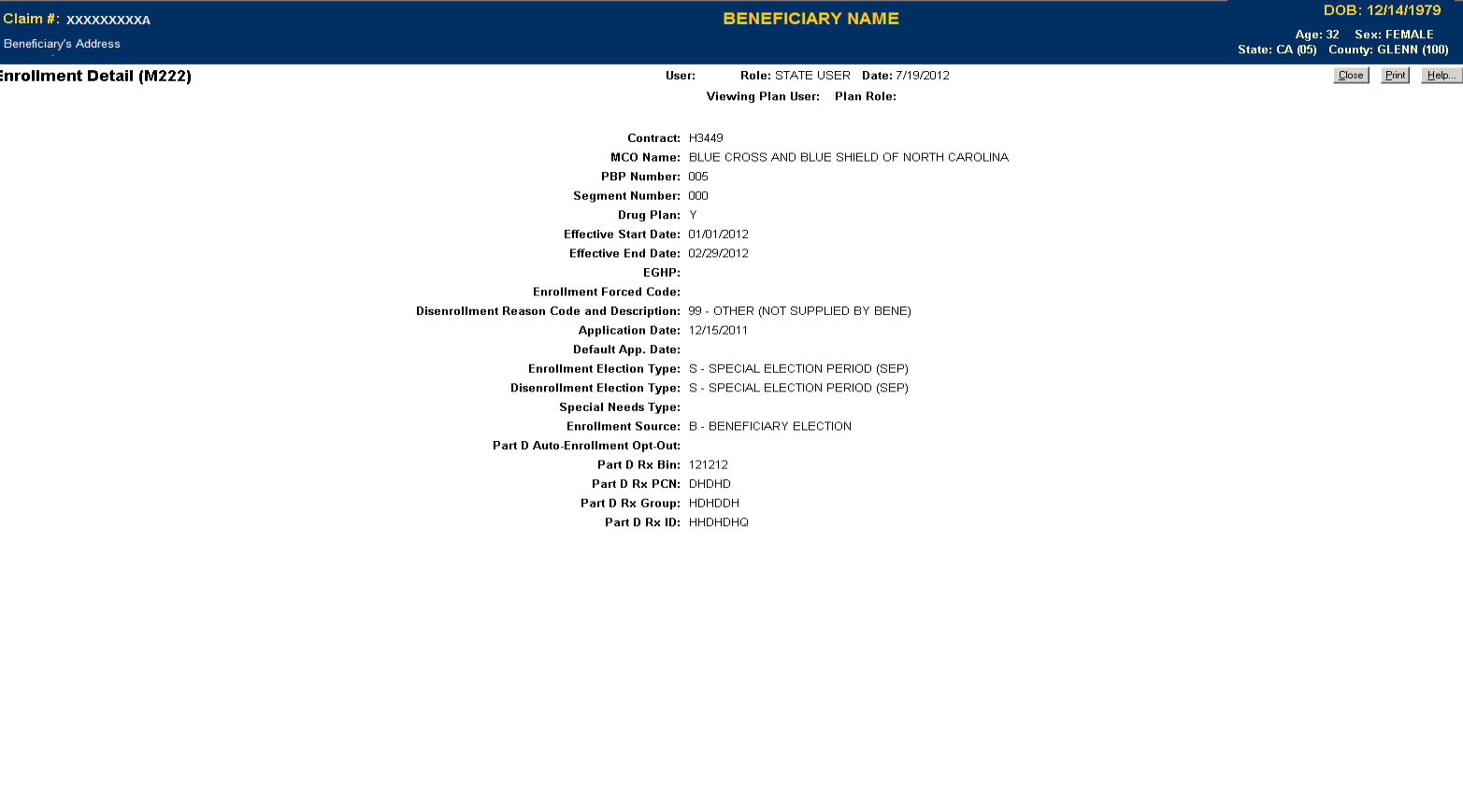 State User Detail: Enrollment (M222) Screen 